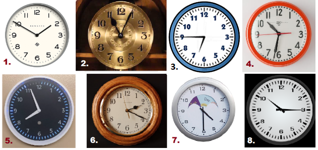 8 clocks displaying different times